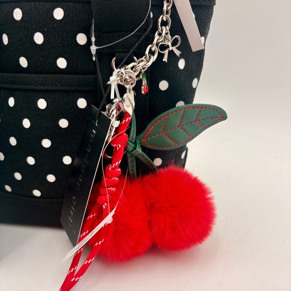 Madden Girl Polka Dot Mini Tote Bag Cherry Pouch Pom Pom Hair Clip Set Black MG - Picture 3 of 9